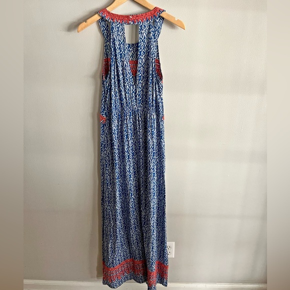 THML Blue Red Embroidered Boho Maxi Dress M Ikat Print Sleeveless Summer - Picture 2 of 7